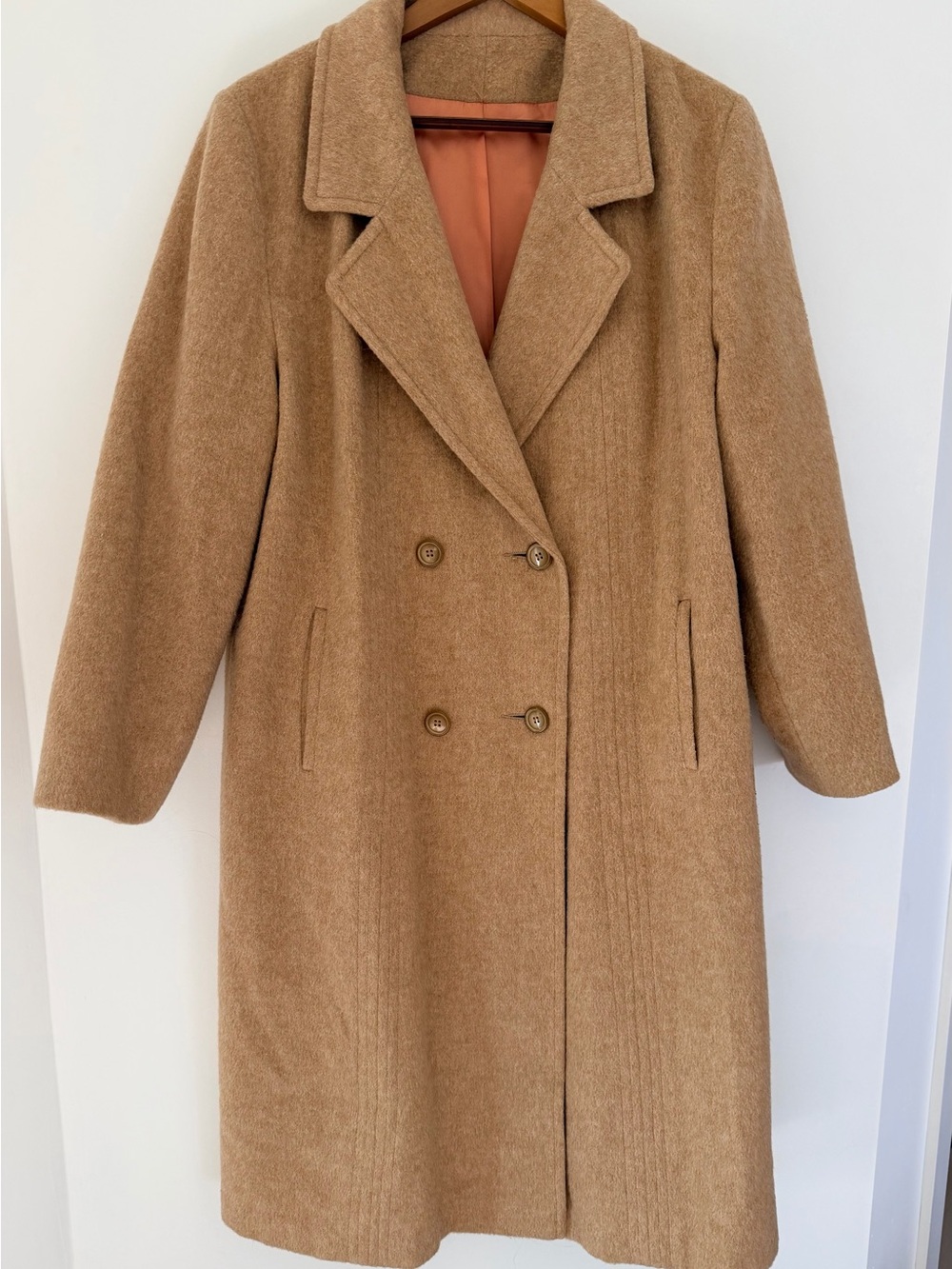 Camel Double-Breasted Wool Blend Pea Coat